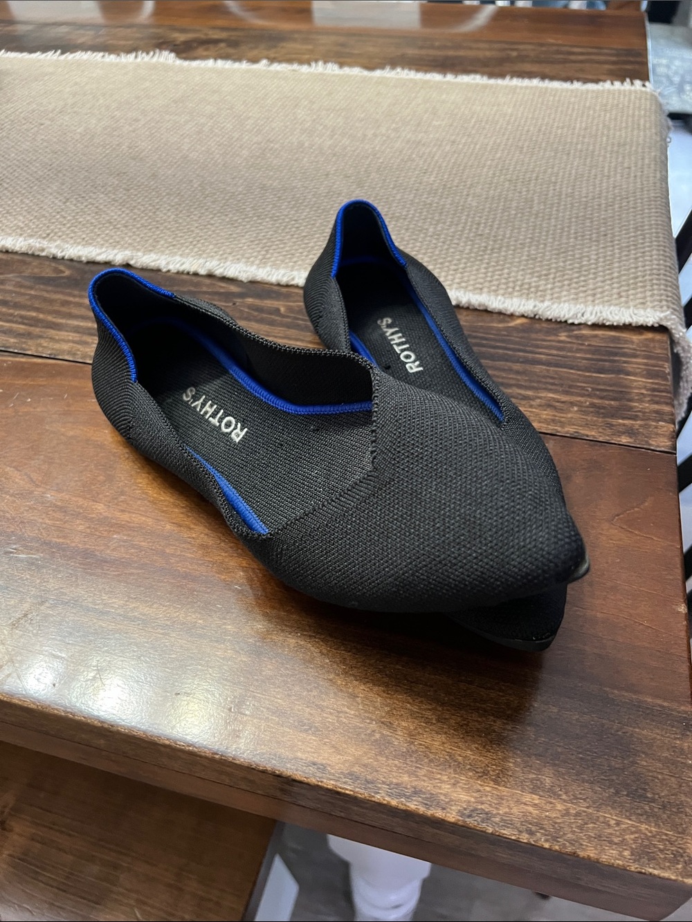Rothy's Black Pointed Knit Flats with Blue Trim